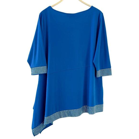 BELLDINI Top size 2X Cerulean Blue Asymmetrical V Neck Gold Bling Stretch NWT - Picture 2 of 6